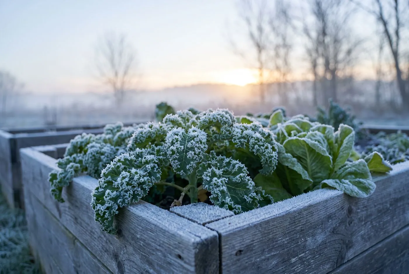 Frost on kale and lettuce in a raised bed at sunrise