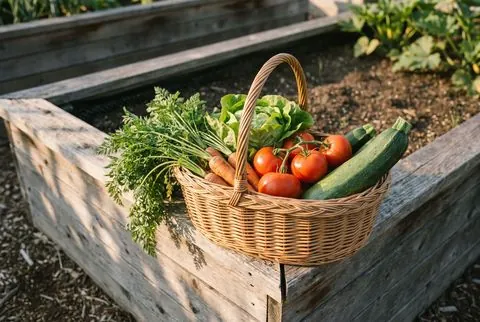 A basket of tomatoes, carrots, lettuce and zucchini on a raised bed