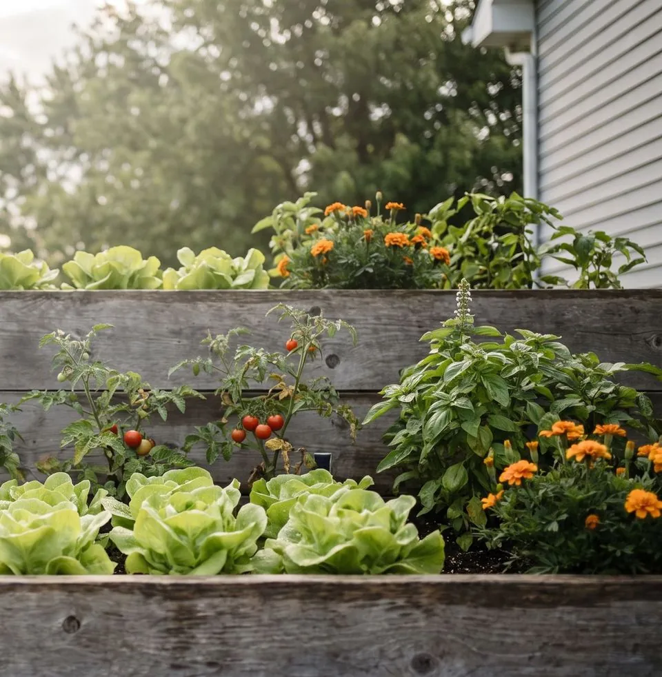 Two raised wooden beds with lettuce, cherry tomatoes, basil and marigolds in soft morning light